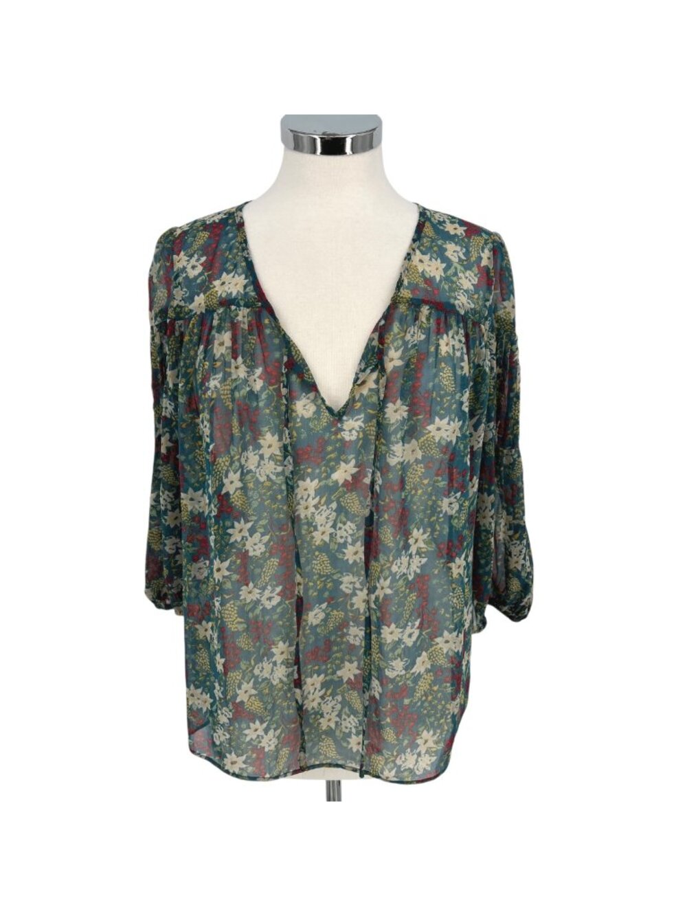 Pins & Needles Boho Ethereal Sheer Floral Blouse Teal Multicolor Size Small